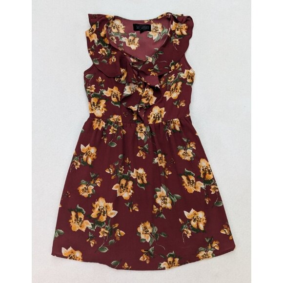 Sweet Wanderer Women's Dress Size Small Maroon Floral Print Ruffle Boho Bohemian - Picture 2 of 15